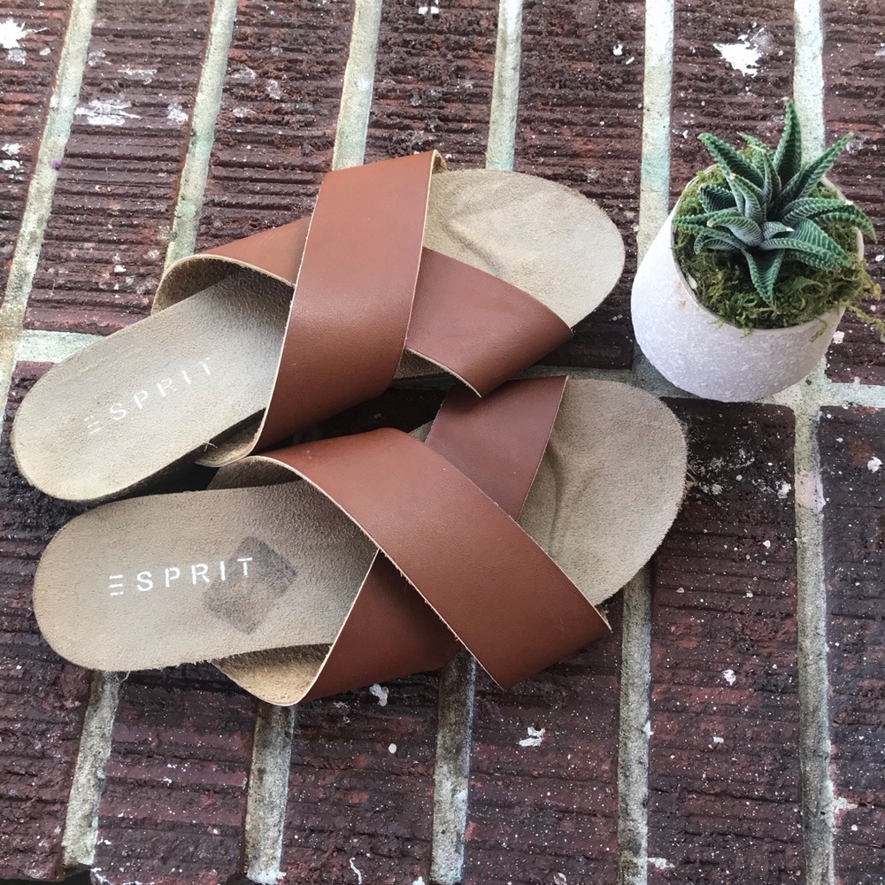 Esprit Cognac Cross Slide Sandals Vegan Leather